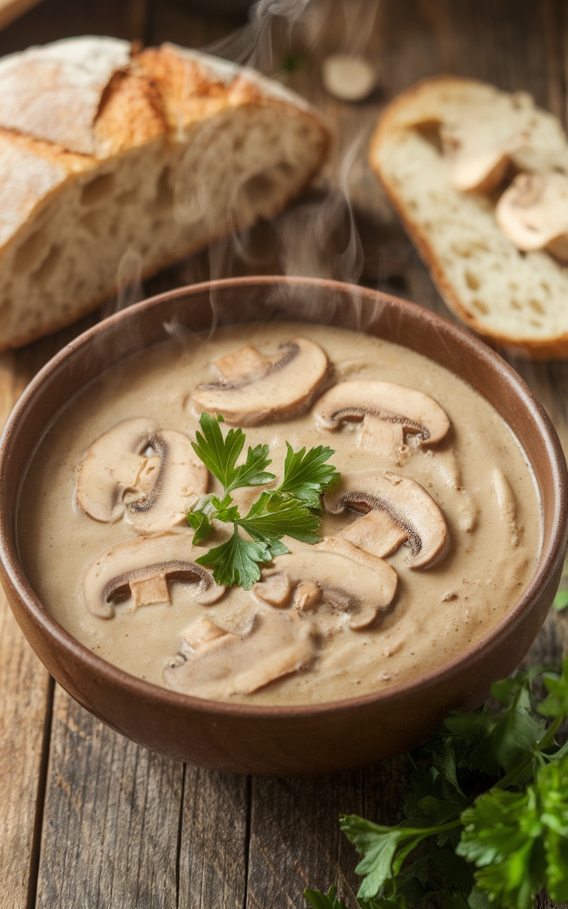 A cozy bowl of creamy crimini mushroom soup with parsley garnish and a slice of bread on a wooden table.